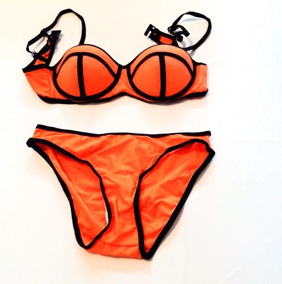 2pc Orange and Black Bikini Swim Suit - Picture 1 of 3